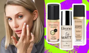 Kobieta testuje najlepszy podkład kryjący. Obok trzy buteleczki: Max Factor Face Finity, Lirene City Matt i Eveline Wonder Match.