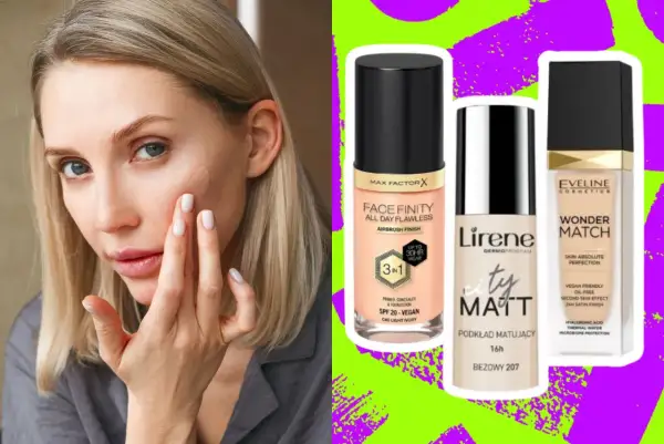Kobieta testuje najlepszy podkład kryjący. Obok trzy buteleczki: Max Factor Face Finity, Lirene City Matt i Eveline Wonder Match.